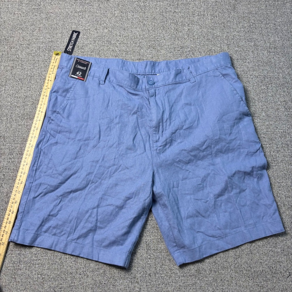 Roundtree & Yorke Shorts Mens 42 Blue Casuals Flat Front Linen Blend Stretch 9"